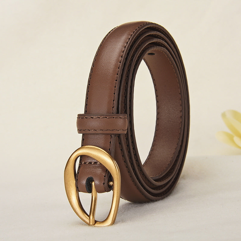 New Women's Top Layer Belt Retro Alloy Pin Buckle Leather Belt Niche Design for Jeans Belt