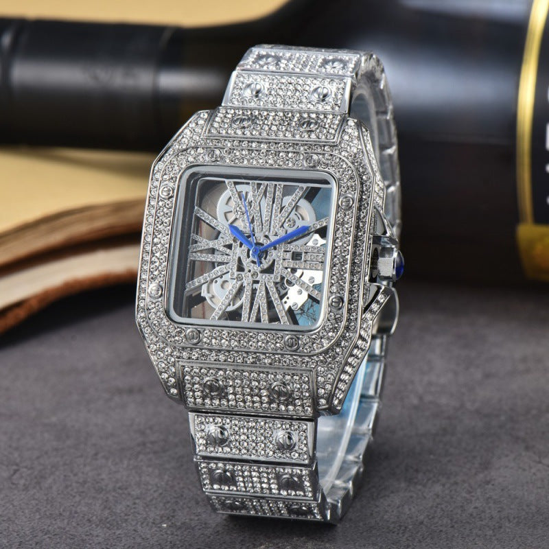 Men's Square Stone-Set Quartz Watch, Steel Band