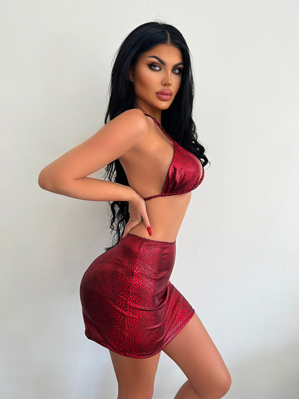 Snake-Print Bikini Set with Cover-Up Skirt