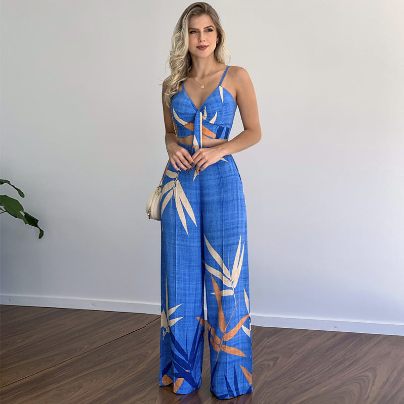 Printed V-Neck Vest and Wide-Leg Pants Set