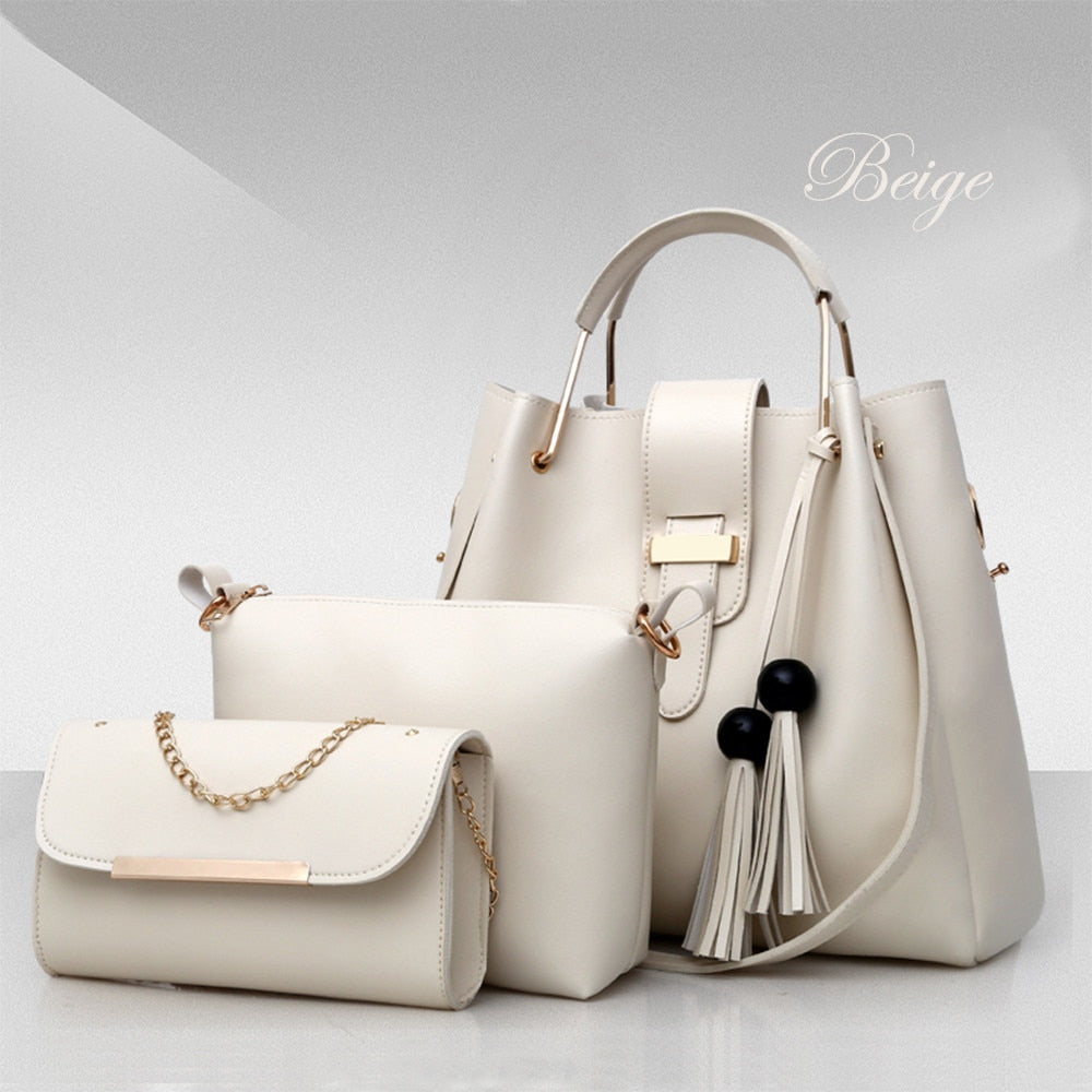 Set di 3 borse da donna, borse a spalla in pelle PU, borsa tote casual con nappine e manico in metallo
