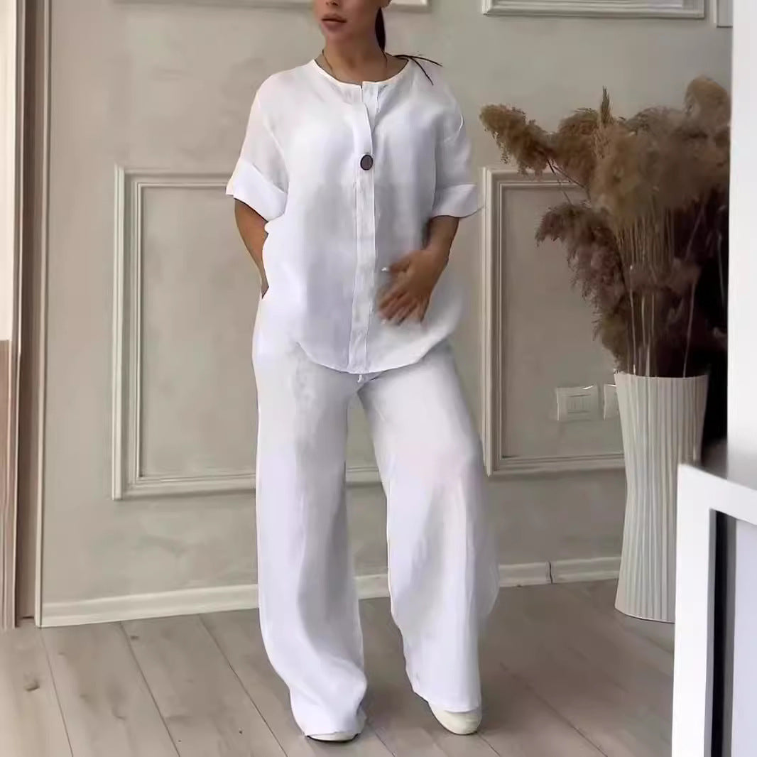 Women's Cotton-Linen Two-Piece Set, Loose Top and Wide Leg Pants