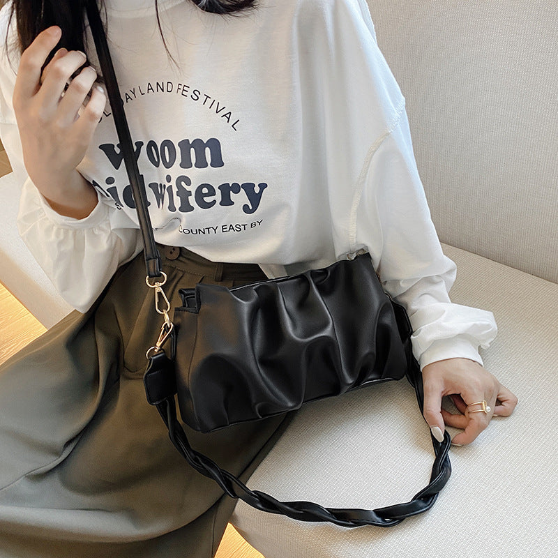 Trendy Double Strap Shoulder Bags for Women PU Leather Pleated Crossbody Bags Designer Fas
