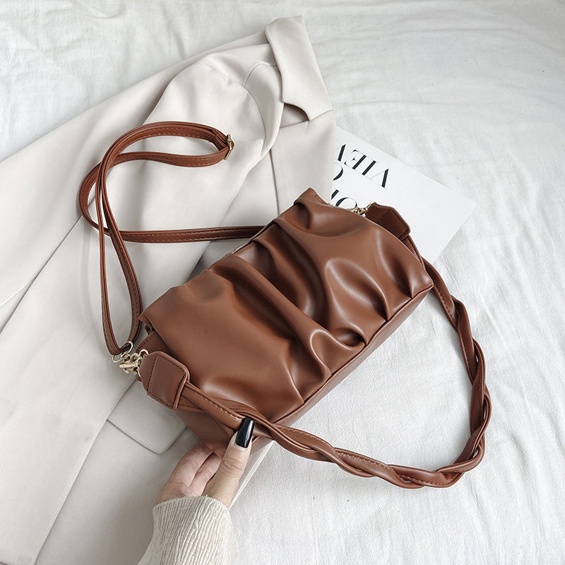 Trendy Double Strap Shoulder Bags for Women PU Leather Pleated Crossbody Bags Designer Fas