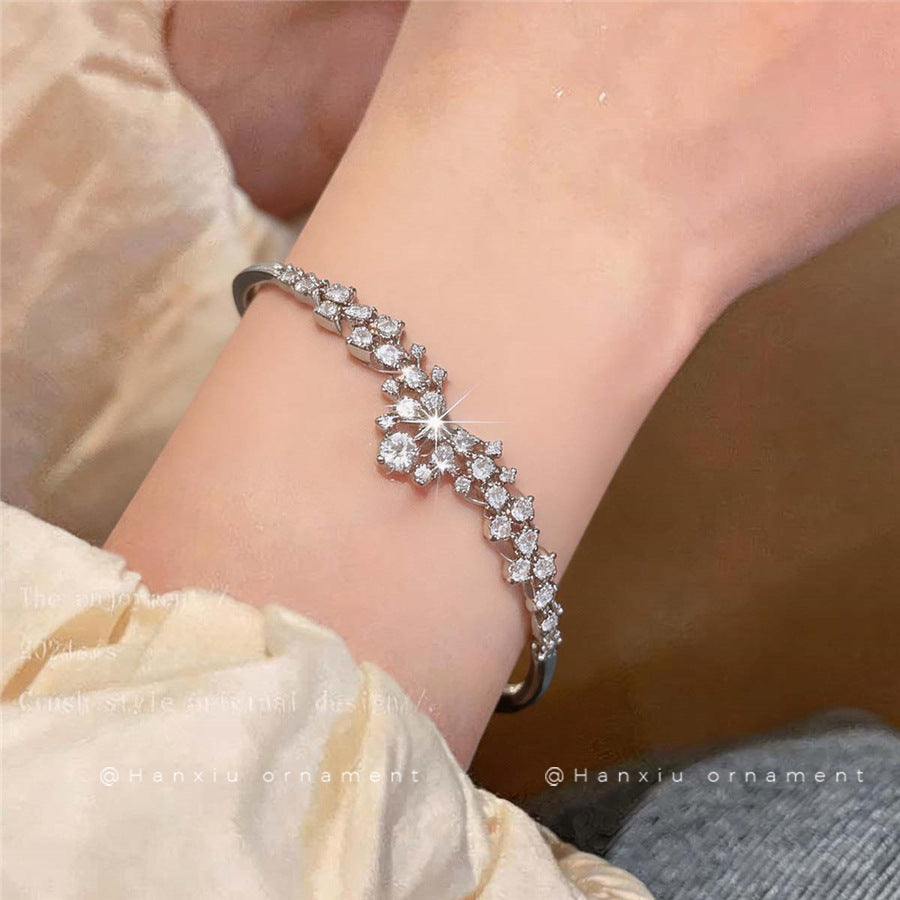 Zircon Open Bangle Bracelet, Gold Tone