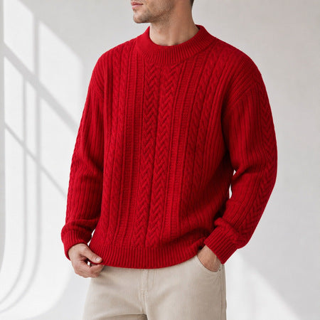 Herren-Vintage-Pullover mit Zopfmuster und Rundhalsausschnitt