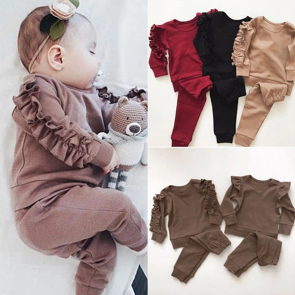 Ensemble haut à manches longues avec volants et pantalon pour nouveau-né, bébé garçon et fille, sweat-shirt uni pour enfant