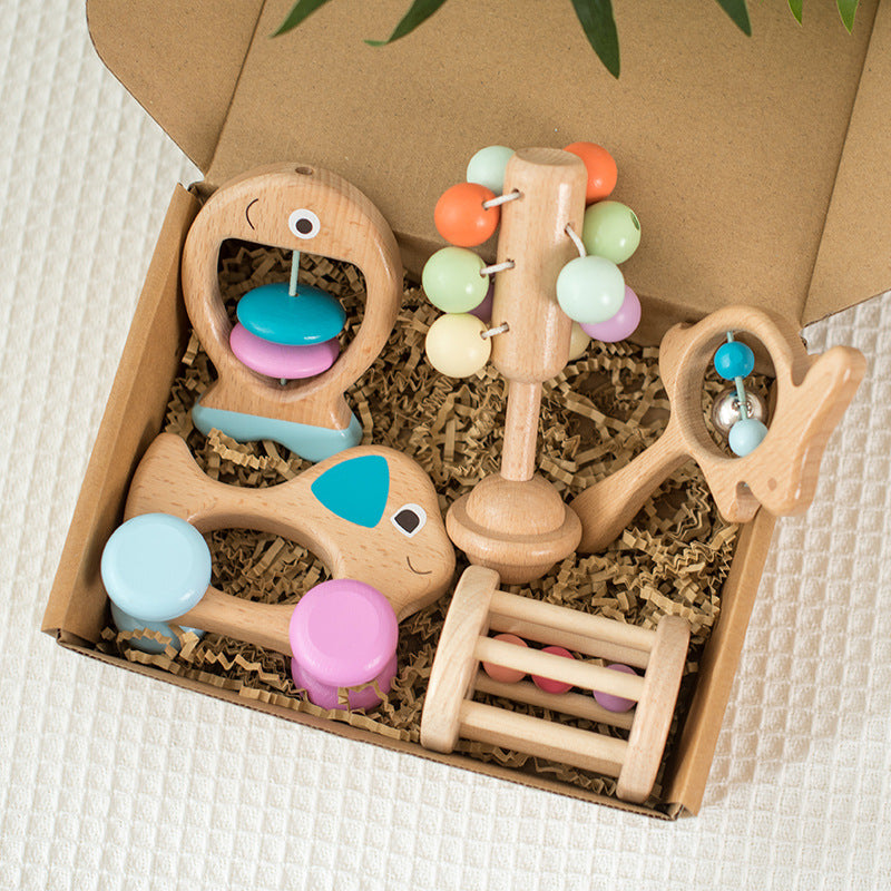 Ensemble de hochets pour bébé en bois de hêtre, 5 pièces