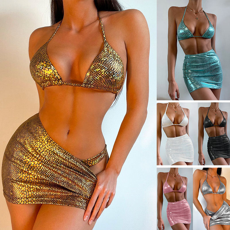 Snake-Print Bikini Set with Cover-Up Skirt