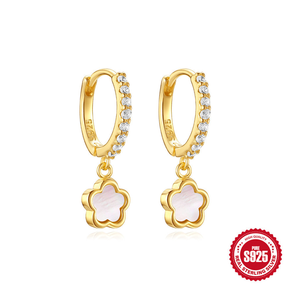 S925 Sterling Silver Luxurious Diamond-studded White Shell Flower Earrings for Women Every