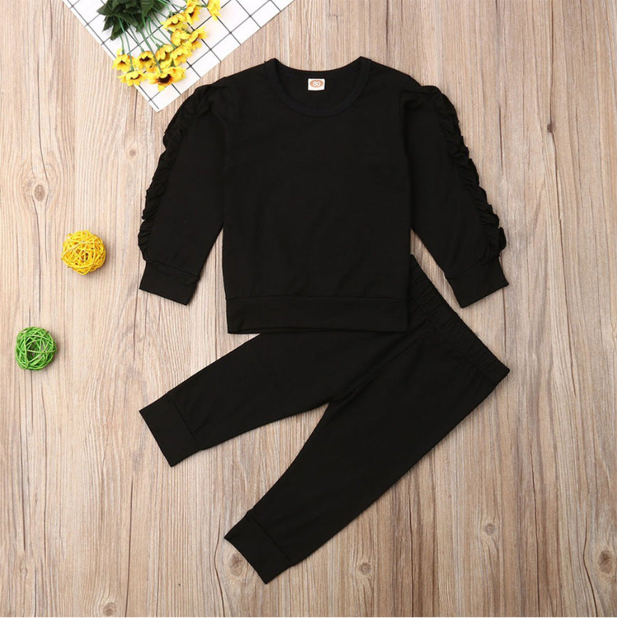 Ensemble haut à manches longues avec volants et pantalon pour nouveau-né, bébé garçon et fille, sweat-shirt uni pour enfant