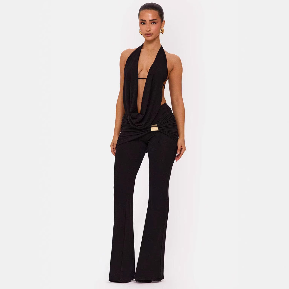 Conjunto de Duas Peças de Top com Decote em V e Calças para Mulher