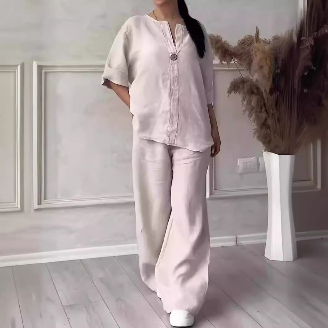 Women's Cotton-Linen Two-Piece Set, Loose Top and Wide Leg Pants