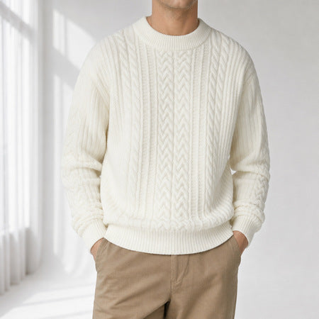 Herren-Vintage-Pullover mit Zopfmuster und Rundhalsausschnitt