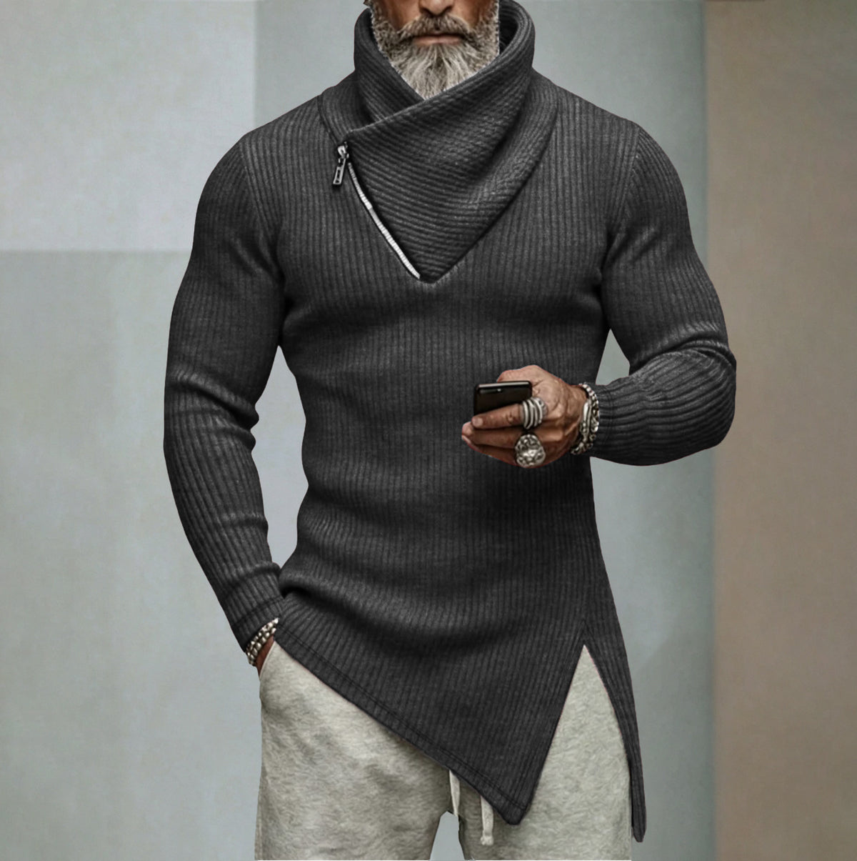 T-shirt en tricot uni à manches longues pour homme