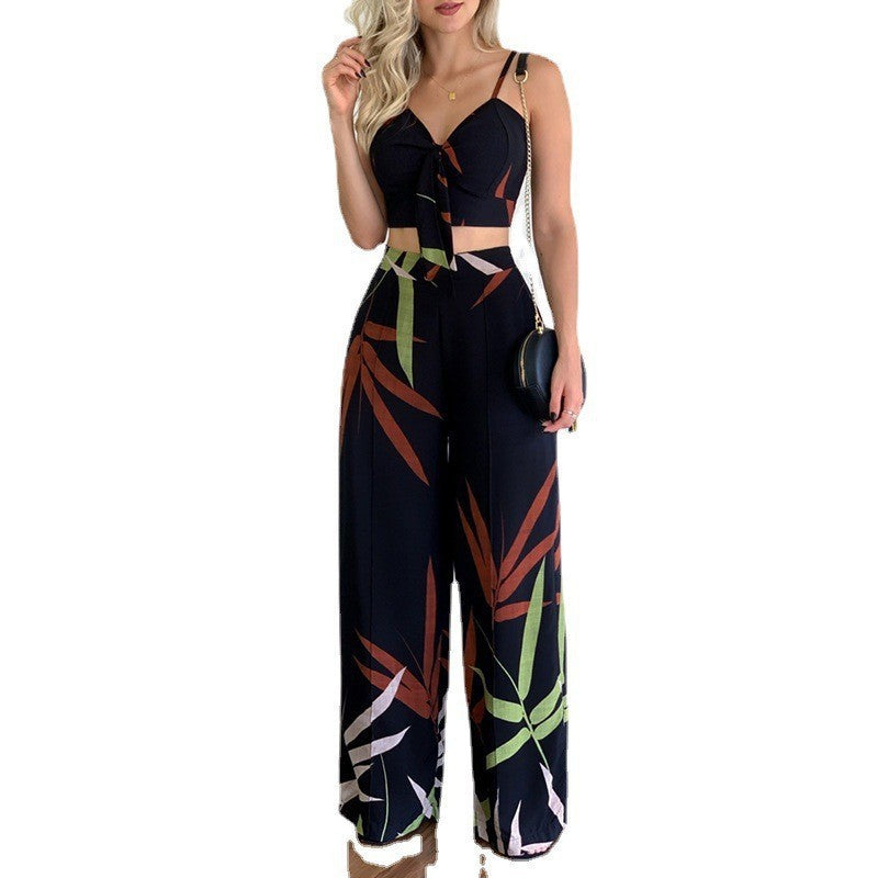 Printed V-Neck Vest and Wide-Leg Pants Set
