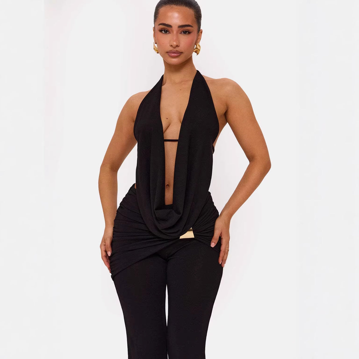 Conjunto de Duas Peças de Top com Decote em V e Calças para Mulher