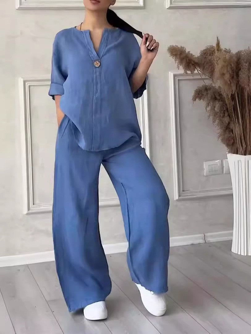 Women's Cotton-Linen Two-Piece Set, Loose Top and Wide Leg Pants