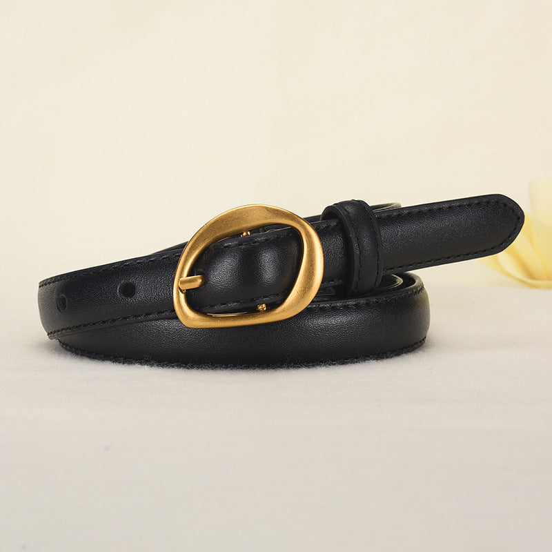 New Women's Top Layer Belt Retro Alloy Pin Buckle Leather Belt Niche Design for Jeans Belt