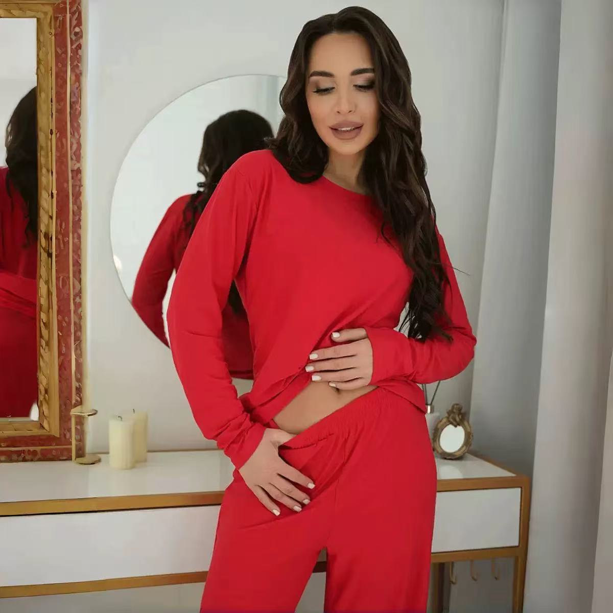 Ensemble haut et pantalon décontracté coupe ajustée de couleur unie