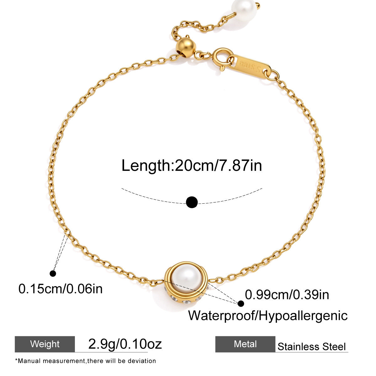 Bracelet réglable en zircon, acier inoxydable