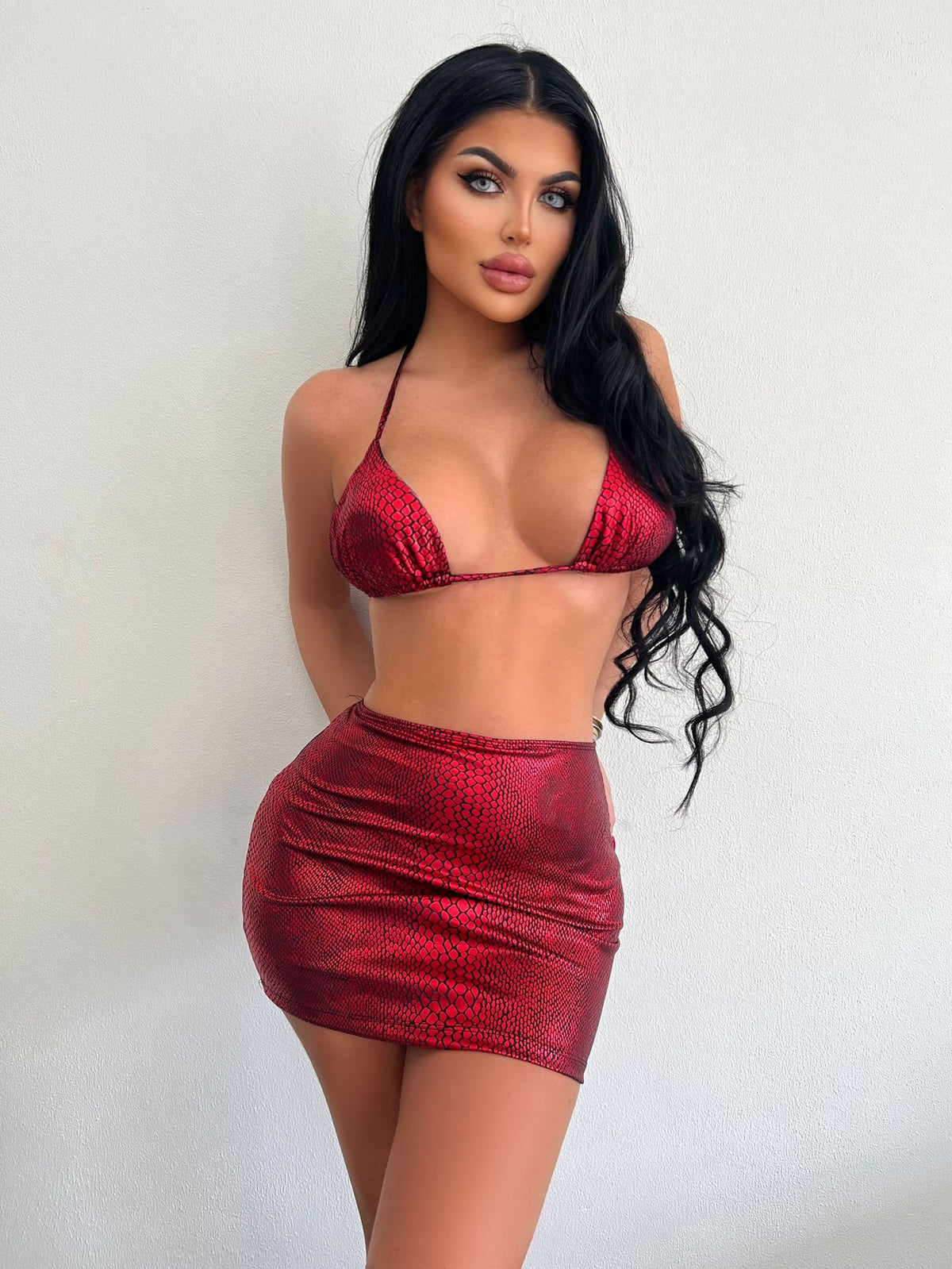 Snake-Print Bikini Set with Cover-Up Skirt