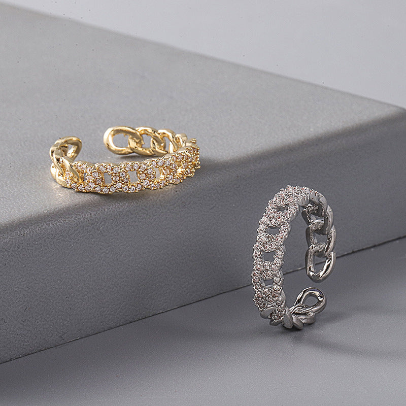 Anillo de circonita con incrustaciones de cobre popular para mujer, joya de mano personalizada y moderna estilo ins