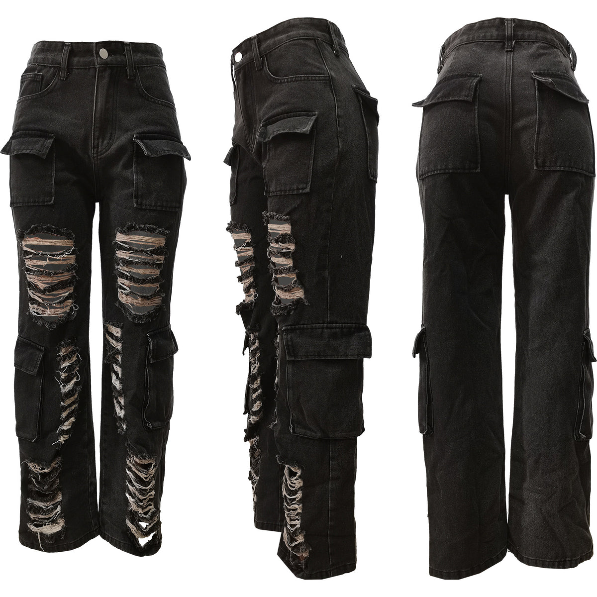 Zerrissene Cargo-Jeans mit weitem Bein, verwaschenes Dunkelgrau
