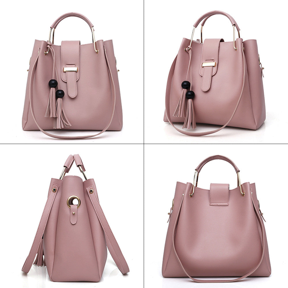 Set di 3 borse da donna, borse a spalla in pelle PU, borsa tote casual con nappine e manico in metallo