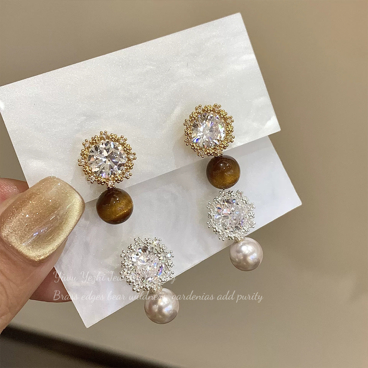 Melard Vintage Sunflower Diamond-studded Earrings, Tiger's Eye Stone and Pearl, Light Luxu