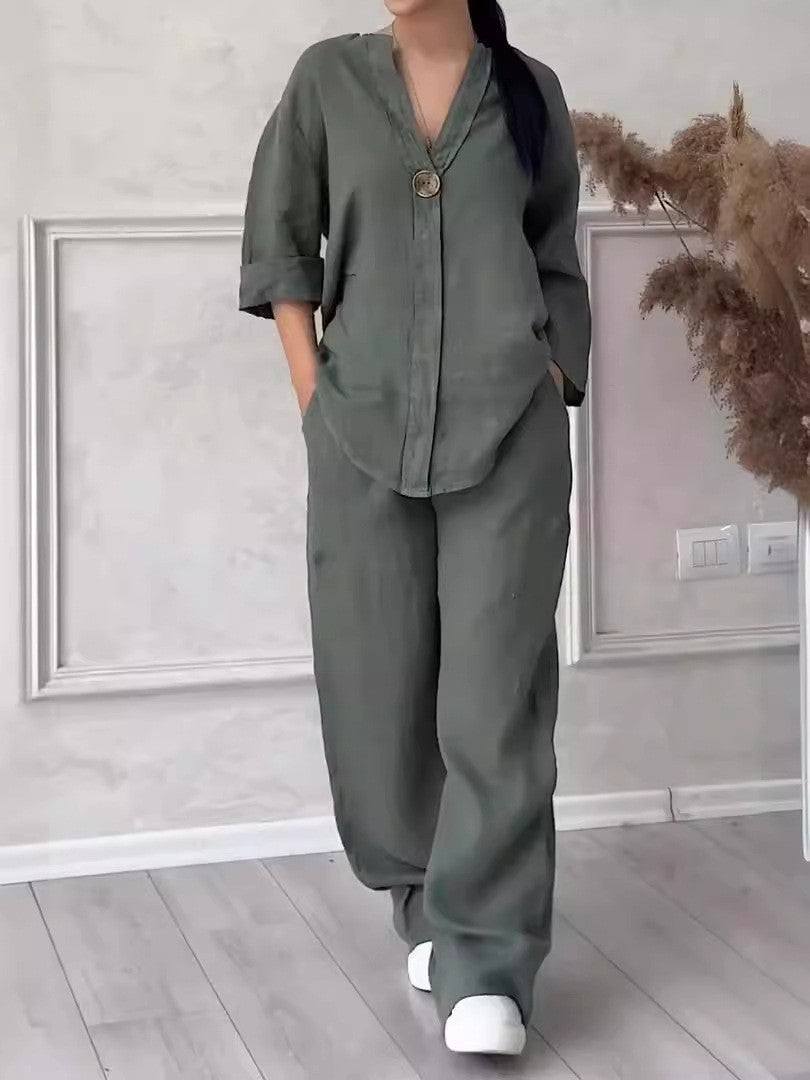 Women's Cotton-Linen Two-Piece Set, Loose Top and Wide Leg Pants