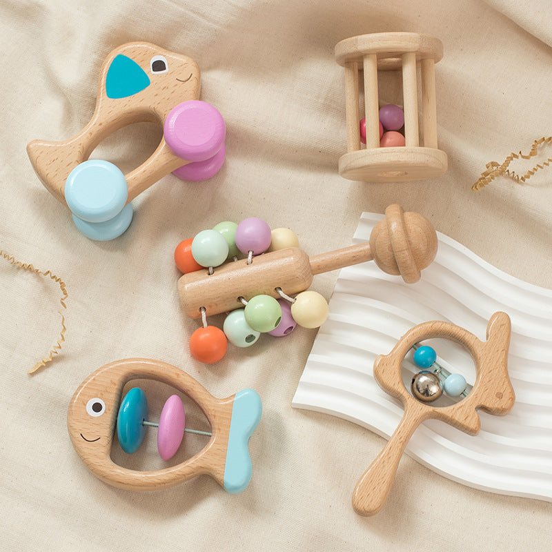 Ensemble de hochets pour bébé en bois de hêtre, 5 pièces