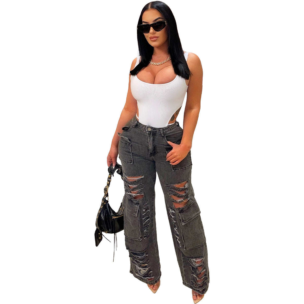 Zerrissene Cargo-Jeans mit weitem Bein, verwaschenes Dunkelgrau