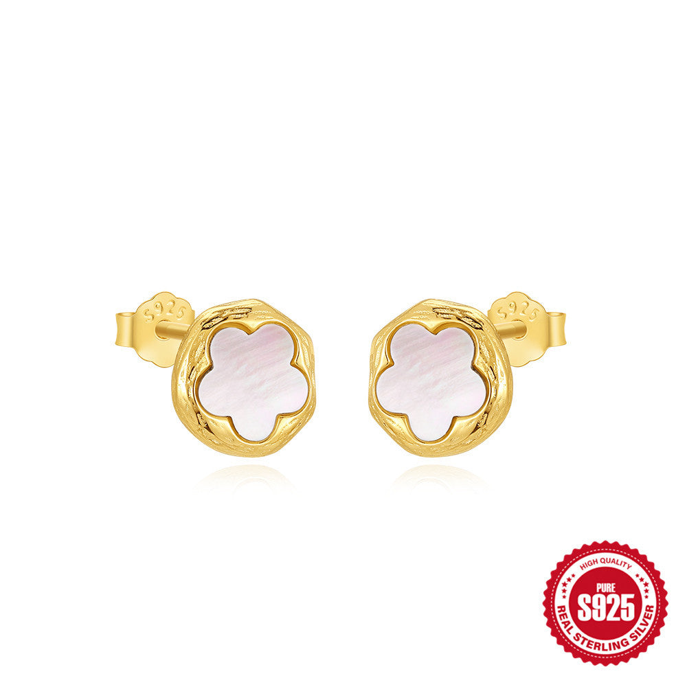S925 Sterling Silver Luxurious Diamond-studded White Shell Flower Earrings for Women Every