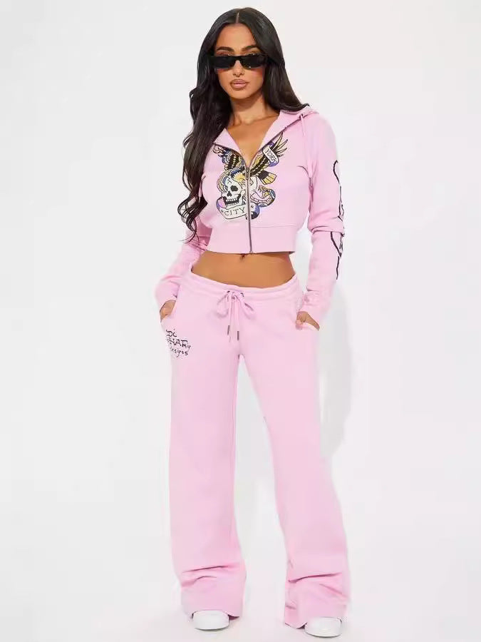 Completo due pezzi da donna con stampa street, giacca e pantaloni