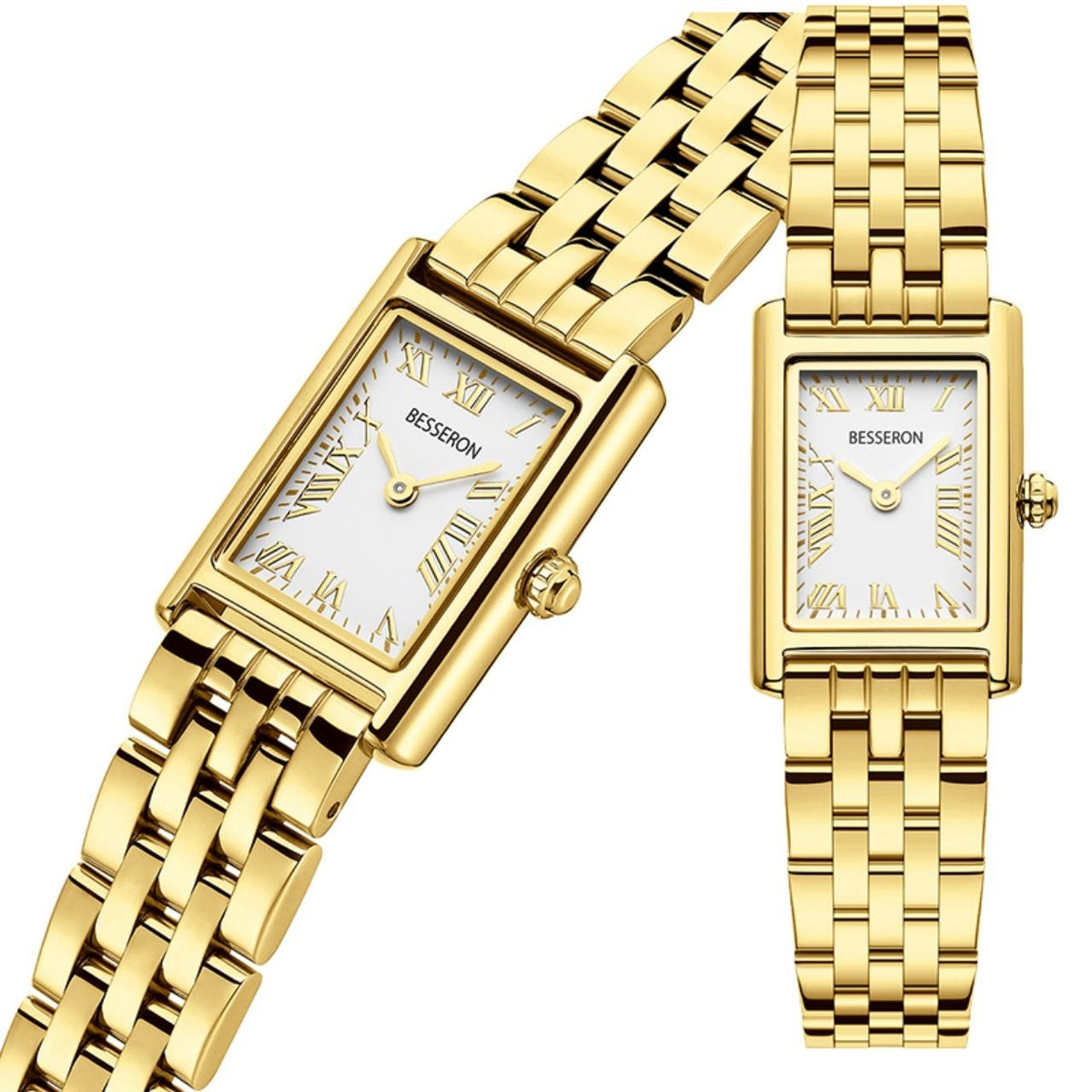 Orologio da donna color oro con quadrante a numeri romani, cinturino in acciaio inossidabile