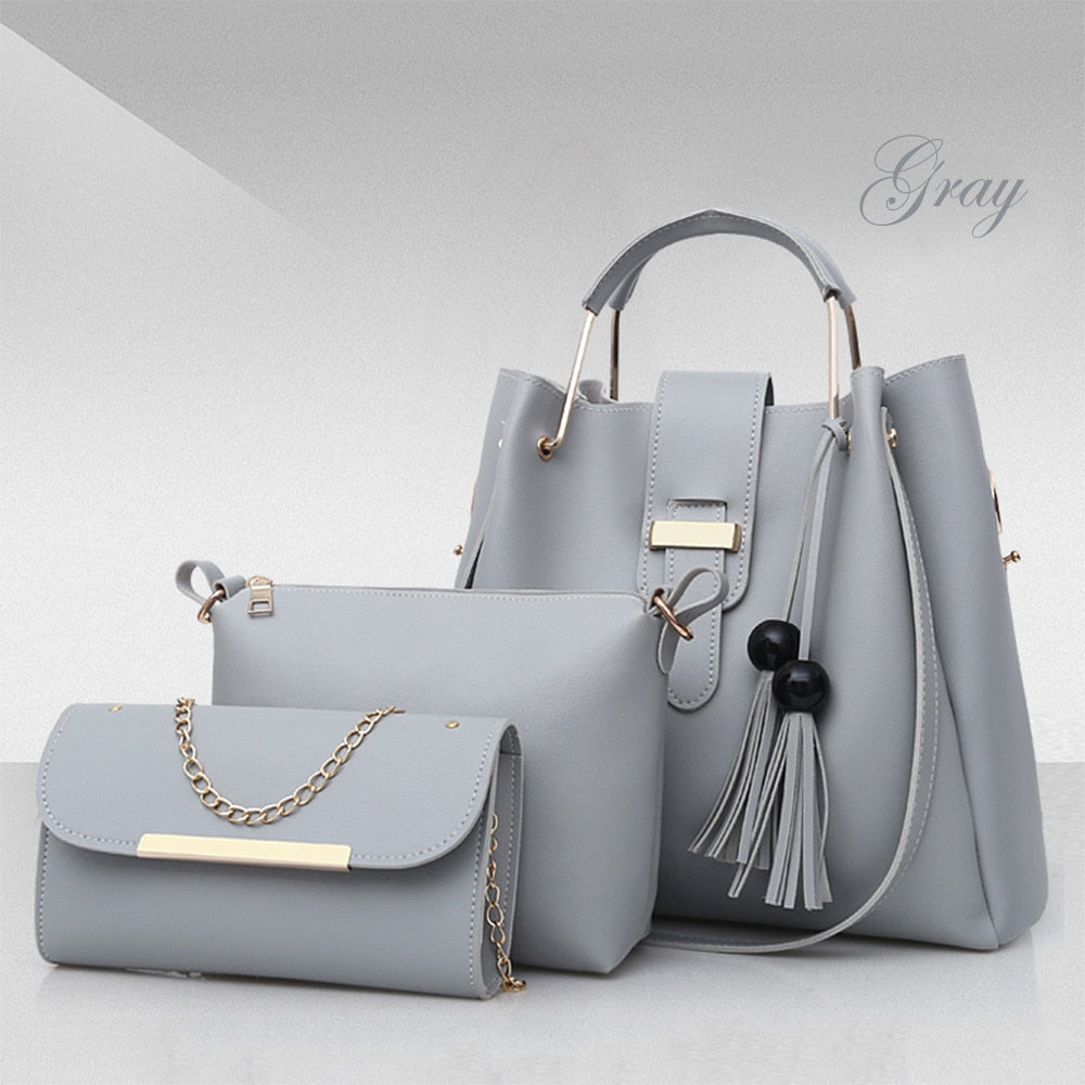 Set di 3 borse da donna, borse a spalla in pelle PU, borsa tote casual con nappine e manico in metallo