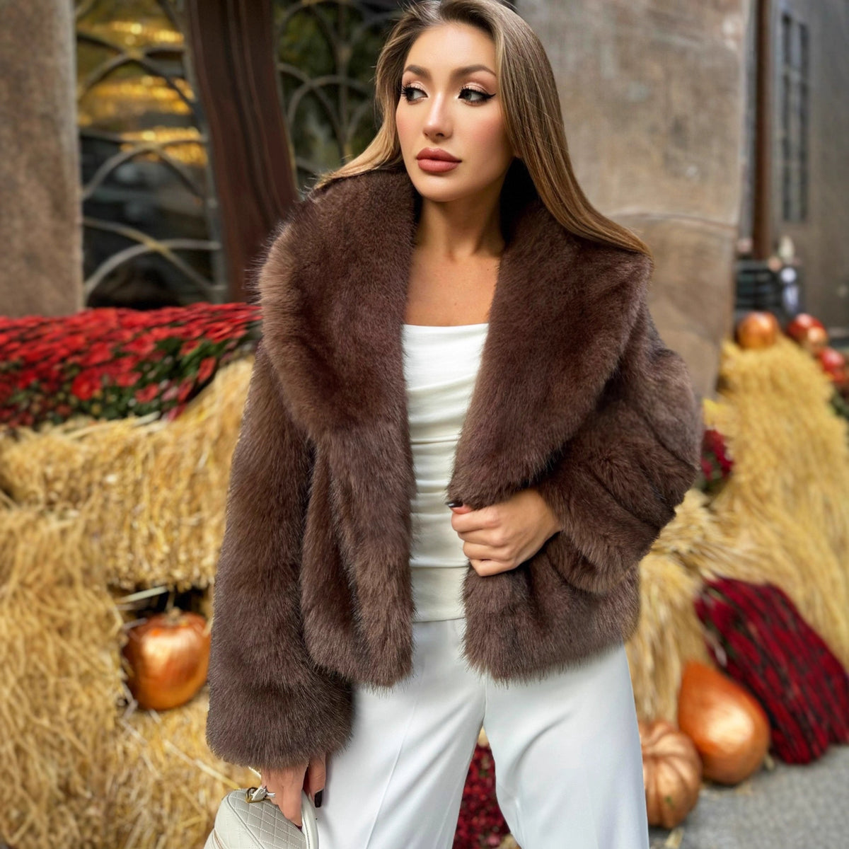 Pluche imitatiebont winterjas voor dames