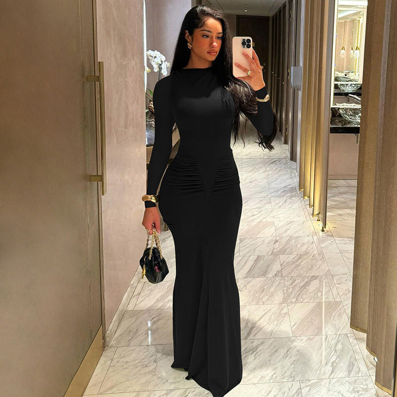 Long-Sleeve Pleated High-Waist Dress