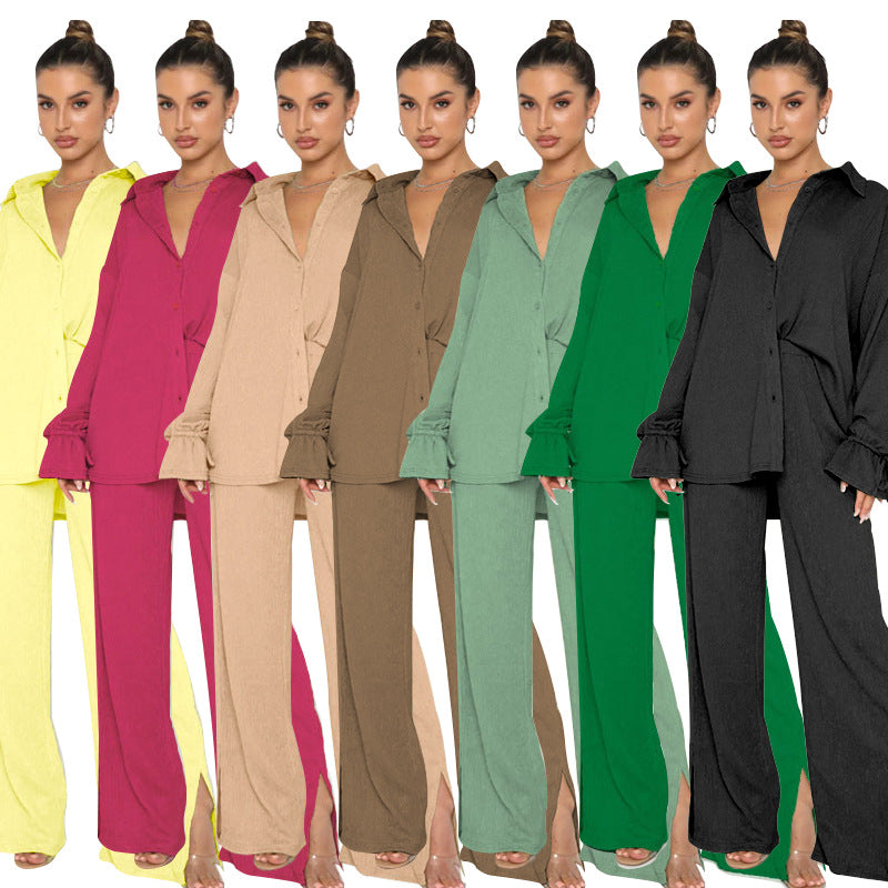 Women's Polo Collar Two-Piece Suit, Top and Trousers