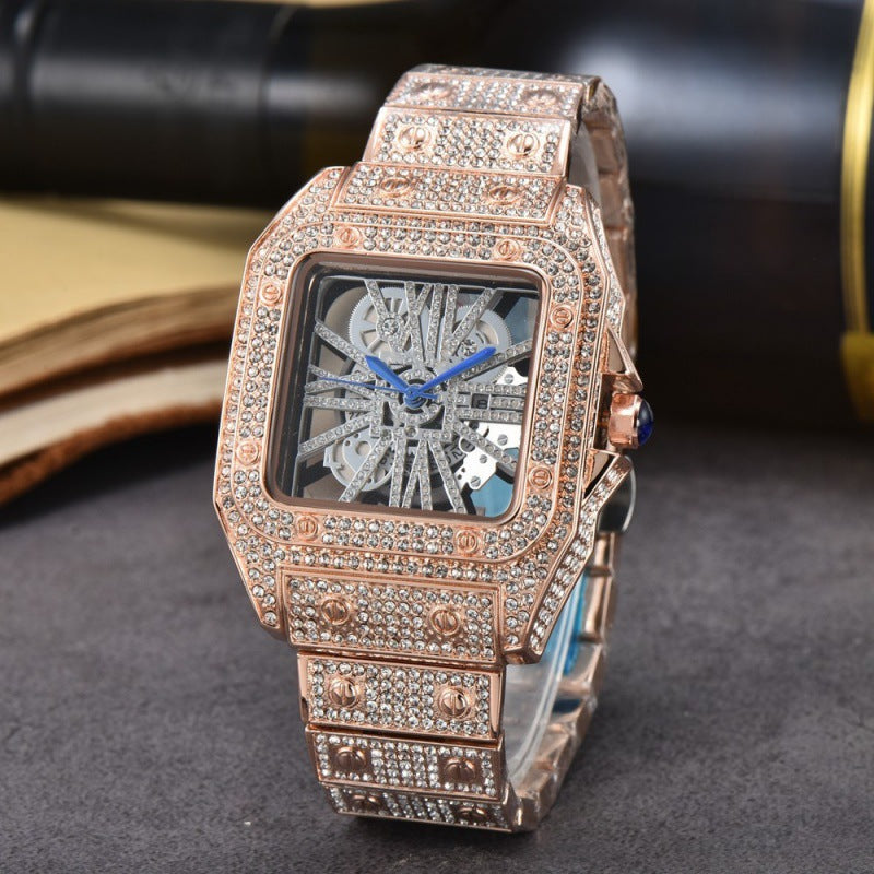 Men's Square Stone-Set Quartz Watch, Steel Band