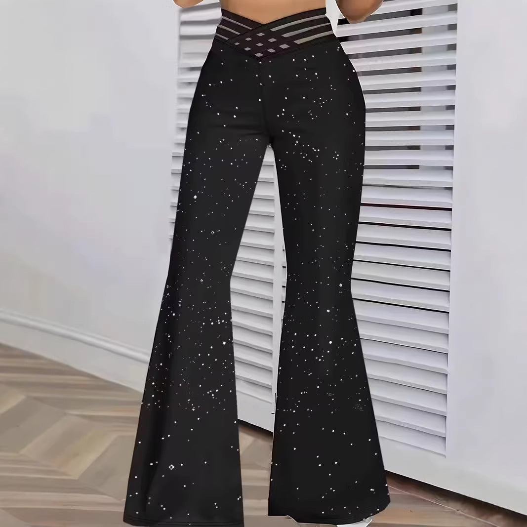 Pantaloni sportivi casual a vita alta alla moda, con paillettes, spacco, versatili e a zampa slim