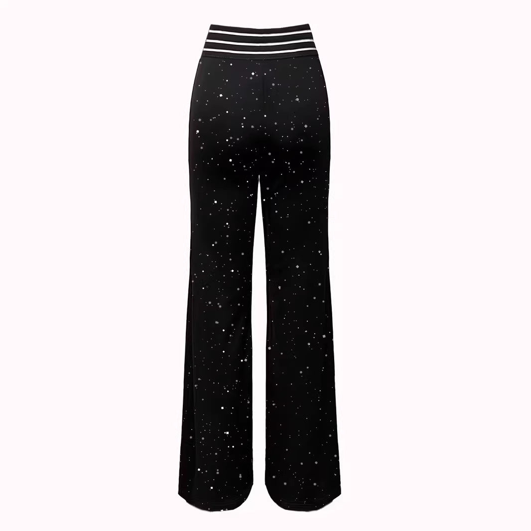 Pantaloni sportivi casual a vita alta alla moda, con paillettes, spacco, versatili e a zampa slim