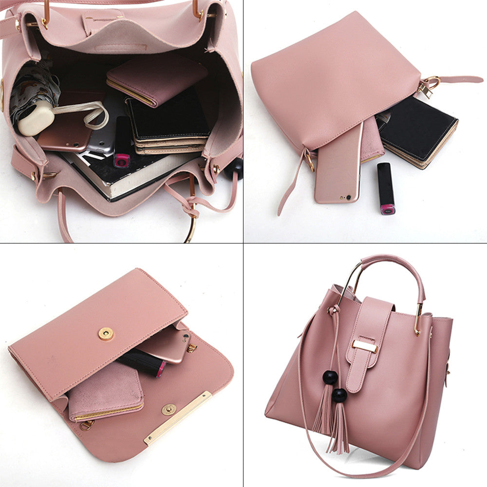 Set di 3 borse da donna, borse a spalla in pelle PU, borsa tote casual con nappine e manico in metallo