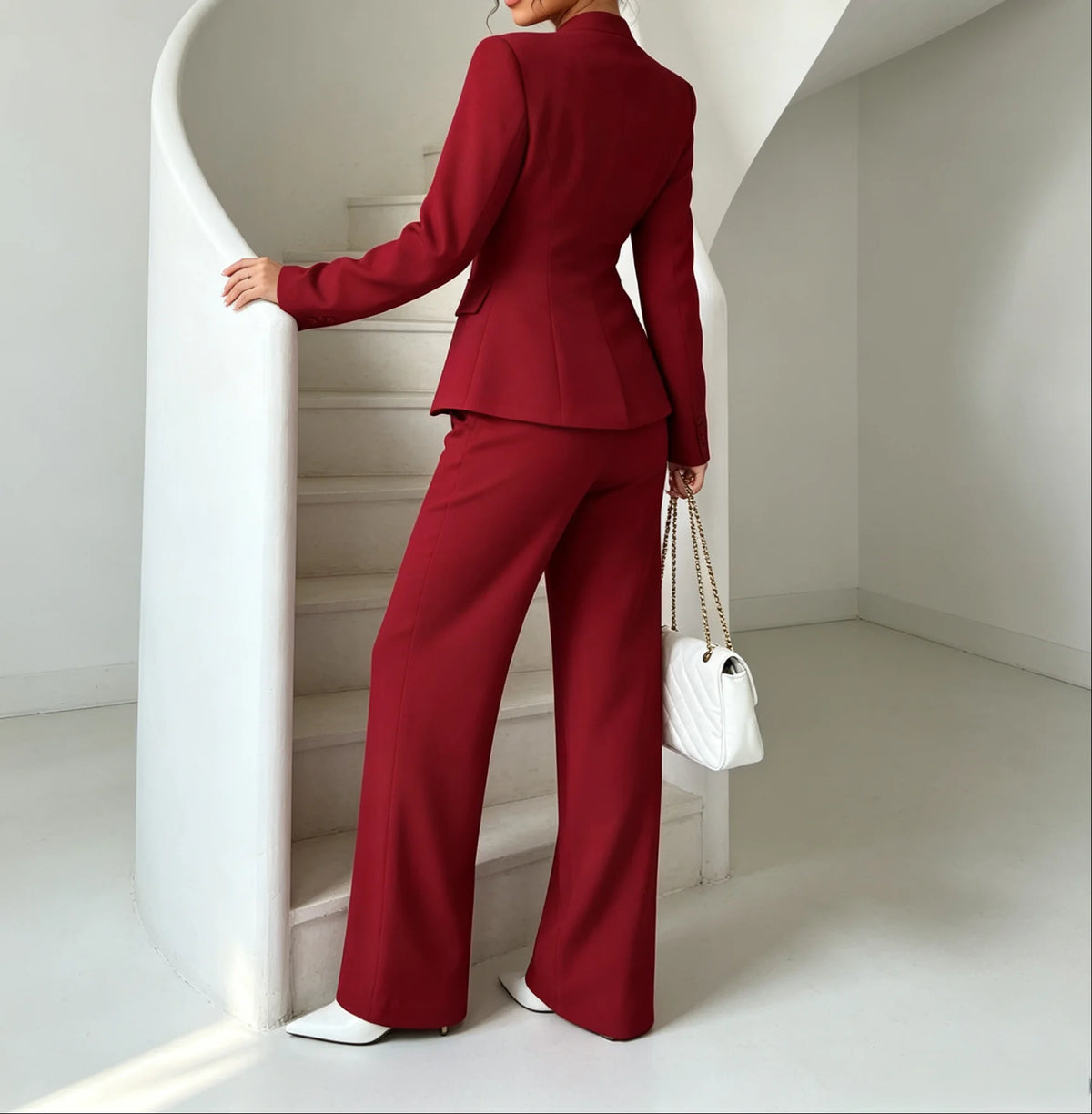 Ensemble tailleur 2 pièces pour femme avec blazer à revers cranté à un bouton et pantalon large taille haute, tenue assortie formelle pour le bureau ou les soirées