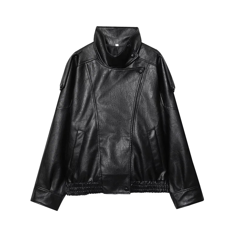 Women's Faux Leather Bomber Jacket – Zipper, Turn-Down Collar