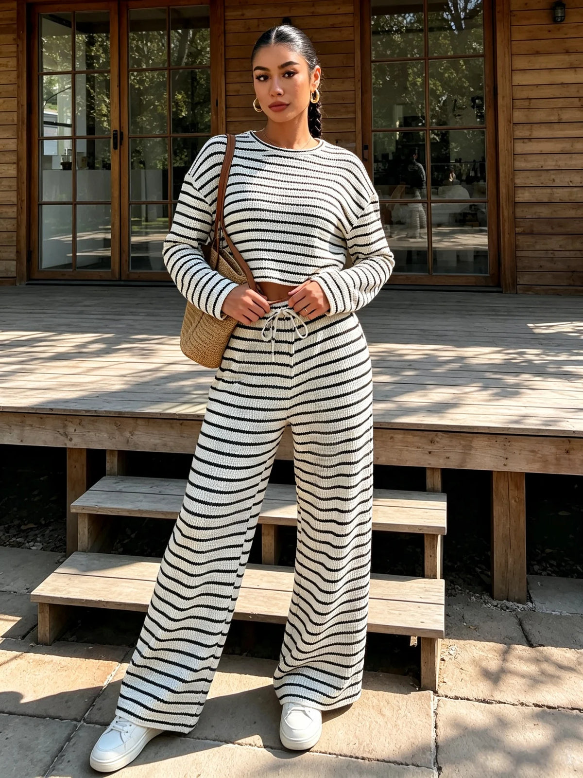 Damen Herbst Winter Braun Weiß Gestreiftes Strick-Oberteil & Weite Hose 2-teiliger Freizeit-Trainingsanzug Loungewear