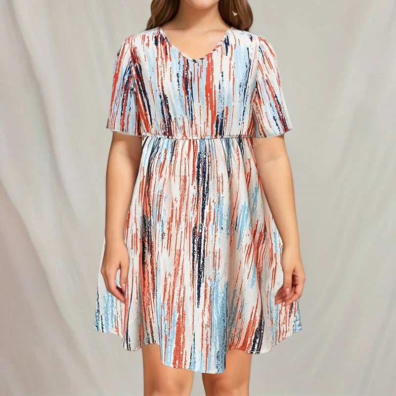 Women's Plus Size Striped Dress – V-Neck, Short Sleeve, Elastic Waist
