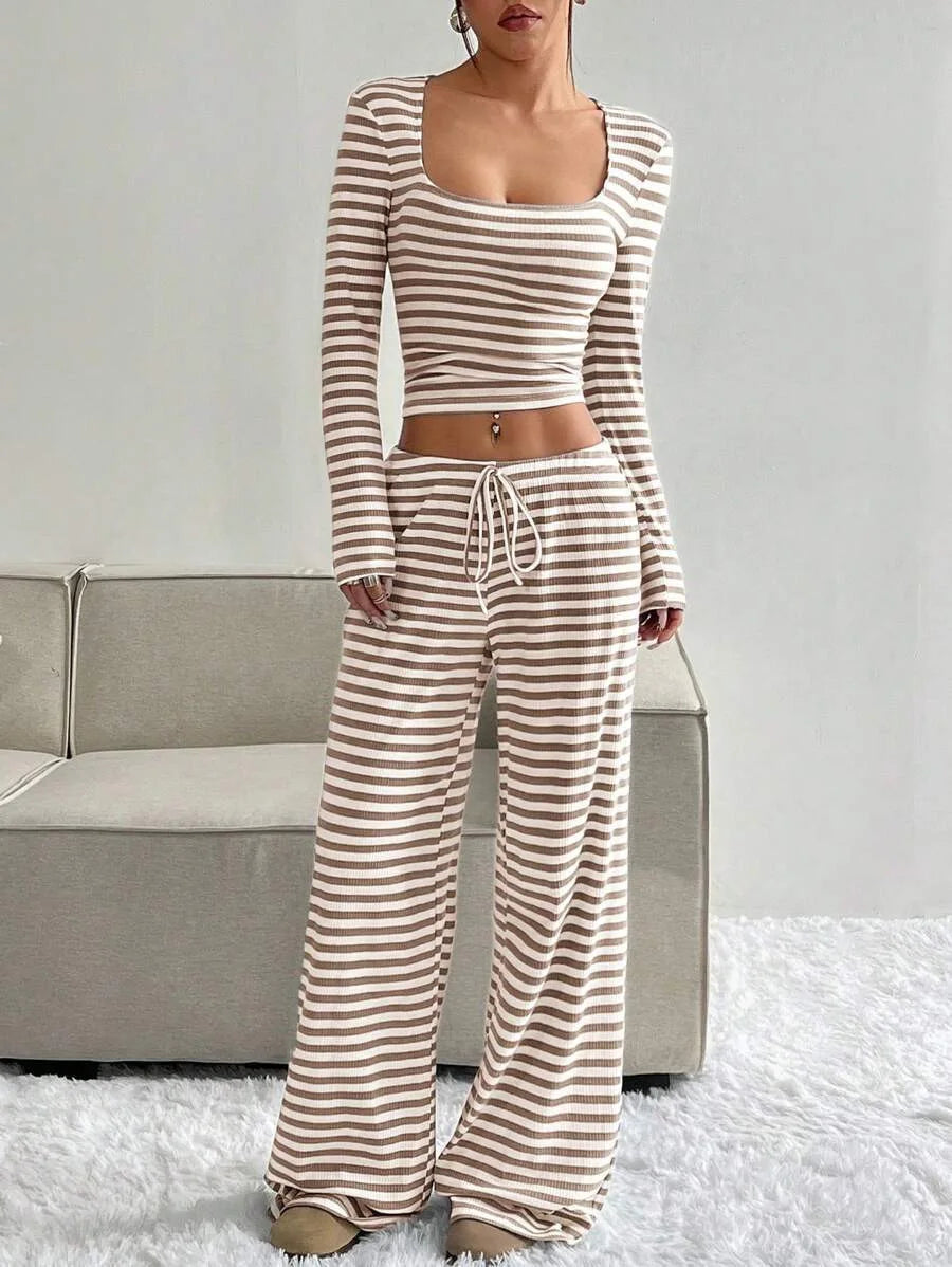 Ensemble deux pièces pour femme à rayures, pantalon large taille haute, haut à manches longues, mode moulante