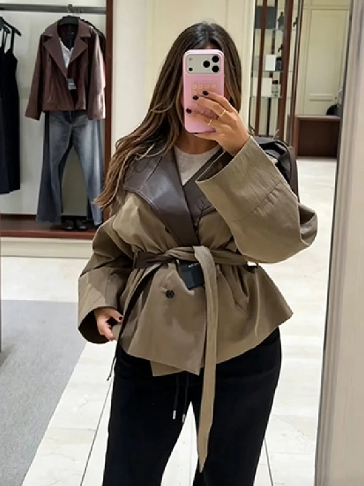 Women's Cropped Trench Coat – Faux Leather, Belted Waist